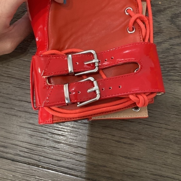 NWT BURJU Under The Influence Open Toe Lace Up Buckle Ankle Boots | Red 8.5/9.5 - Picture 7 of 12